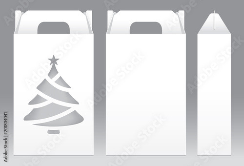 Tall Box White window Christmas tree shape cut out Packaging Template blank. Empty Box white Template for design product package gift box, White Box packaging paper kraft card board package