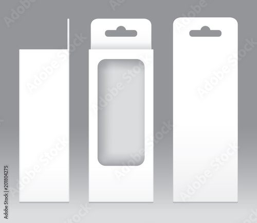 Hanging Box White window shape cut out Packaging Template blank. Empty Box white Template for design product package gift box, White Box packaging paper kraft card board package