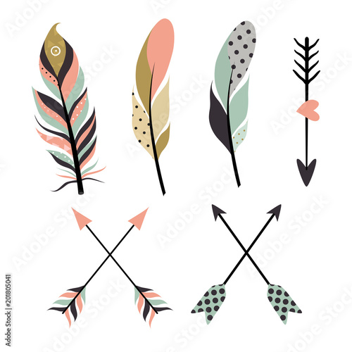 Set of tribal feathers isolated on white background.
