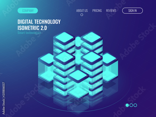 Bigdata processing and data center concept, server room, lighting isometric technology cube, abstract hitech neon background
