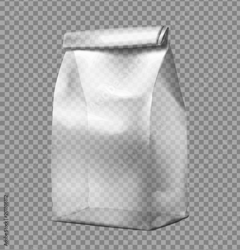 Transparent food snack bag. Vector illustration. 3/4 view. Can be use for template your design, presentation, promo, ad. EPS10.