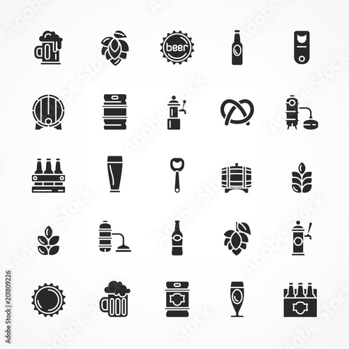 Set of black beer icons isolated on white, for craft brewery.