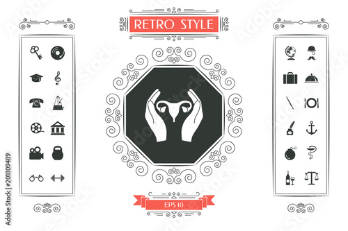 Hands holding Female uterus - protection icon