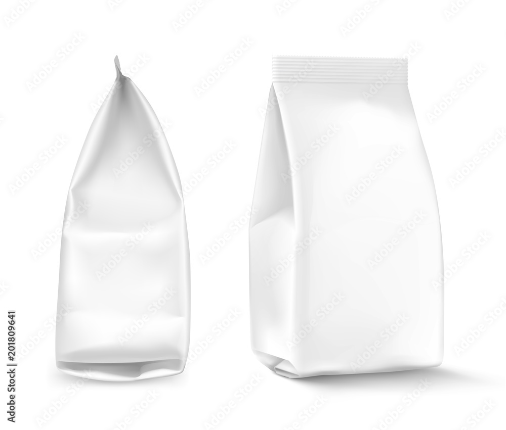 Food snack bags isolated on white background. Vector illustration. Front and side view. Can be use for template your design, presentation, promo, ad. EPS10. Food snack bags isolated on white background. Vector illustration. Front and side view. Can be use for template your design, presentation, promo, ad. EPS10.