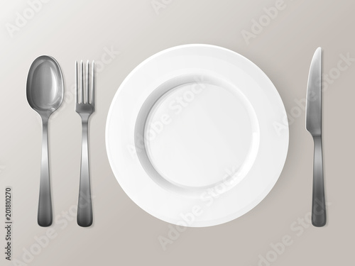 Spoon, fork or knife and plate 3D vector illustration. Isolated realistic set of table dining setting of silver or metal steel spoon, fork and knife cutlery around empty dish plate