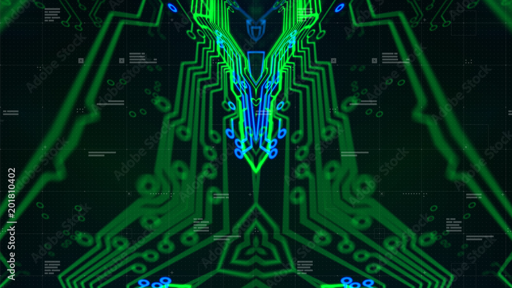 Obraz premium Kaleidoscope Pattern. Technology geometry Geometric Texture. Digital technology. Abstract. 3D illustration. Printed circuit board. Stylish holographic.