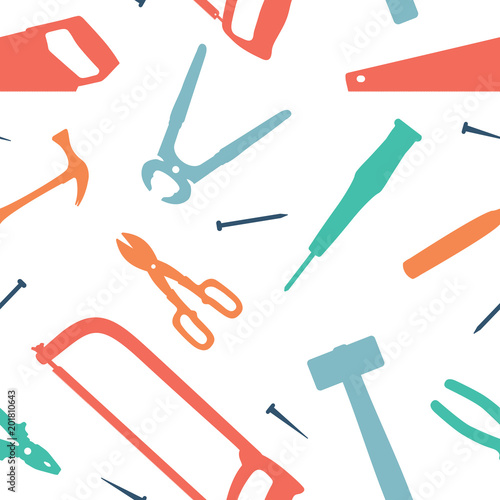Seamless Pattern Axe Hammer Saw Carpentry Construction Tools