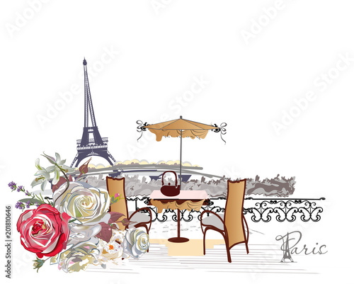Design with the Eiffel tower and cafes, flowers. Hand drawn illustration.