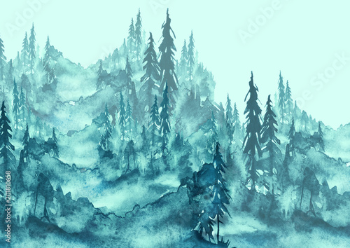 Fototapeta Akwarela krajobraz, obraz. Obrazek sosnowy las, błękitna sylwetka drzewa i krzaki na białym odosobnionym tle. Niebieski plusk farby