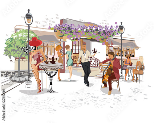Series of the streets with people in the old city. Waiters serve the tables. Street cafe.