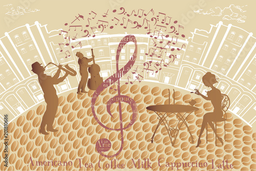 Street musicians in the city. Jazz band. Hand drawn vector illustration with retro buildings.