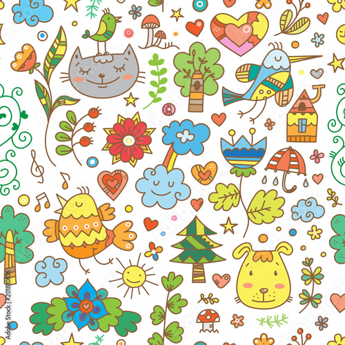 Seamless pattern with cute cartoon cats, dogs and birds on white  background. Flowers and plants of  spring time. Vector contour doodle style image. 