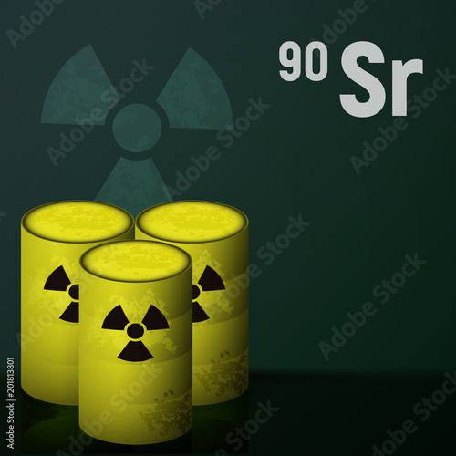 Barrels of radioactive strontium. Sr vector illustration. Nuclear danger.