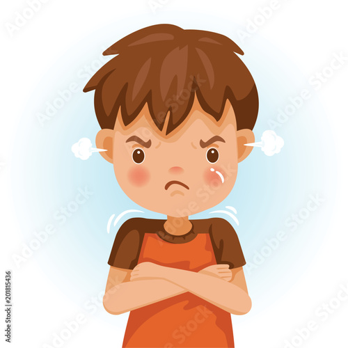 children angry Angry child. The boy in a red shirt is expressing anger. Excitement and frown. Cartoon characters, vector illustrations, isolated 