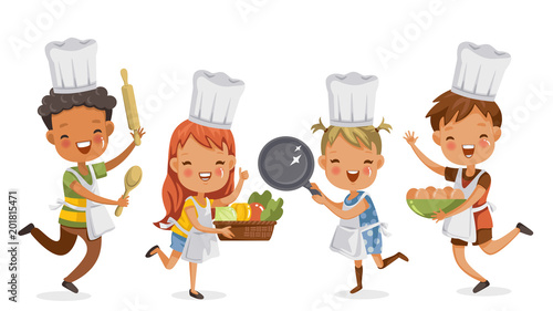 Children cooking.boys and girls preparing the cooking equipment together happily. holds kitchenware,vegetables and eggs. concept is learning and practicing moments of childhood.Vector illustrations. 