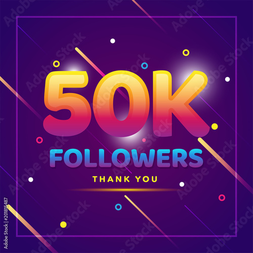 50k or 50000 followers thank you colorful background and glitters. Illustration for Social Network friends, followers, Web user Thank you celebrate of subscribers or followers and likes