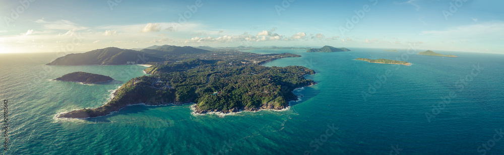 Panorama Top View Tropical Island , Aerial view of Promthep Cape Phuket, Thailand.
