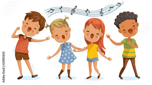 Children singing. boys and girls singing together happily. cute cartoon Enjoy the rhythm. Have fun in childhood.Cute Cartoon Character Personality. Vector illustrations Isolated on white background.