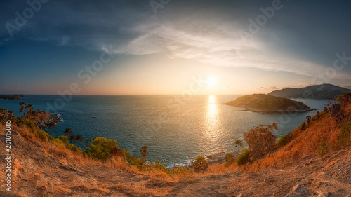 Panorama view of Promthep cape at sunset in Phuket Thailand.
