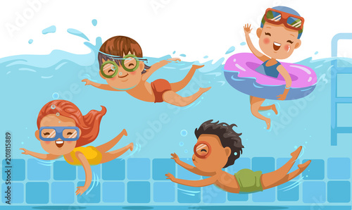 Children swimming Boys,girls in swimwear are  children's pool.Underwater view and on water.kids are having fun.Vacation in summer vacation Share with friends.Sports swimming in childhood water. 