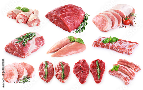 Collection of meat. Beef, pork, chicken. Different parts of meat.
