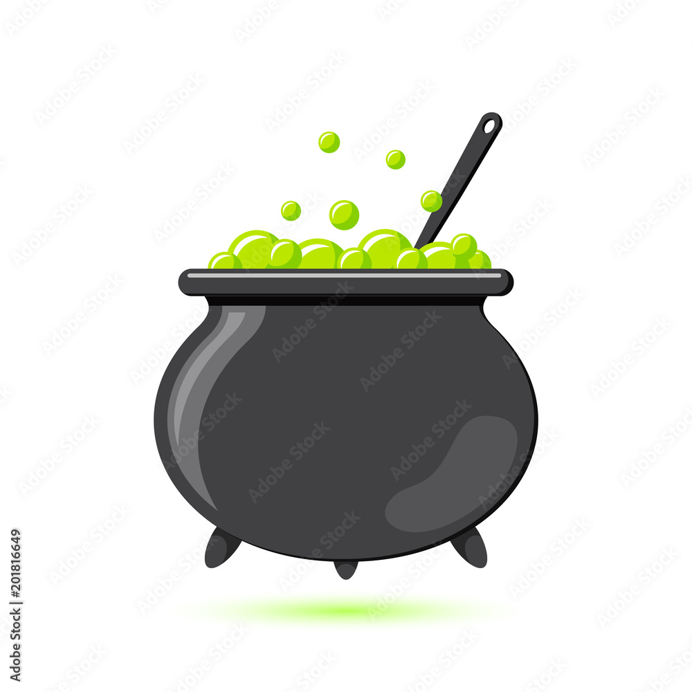 Fototapeta premium Colored flat icon, vector design with shadow. Cartoon witches cauldron with potion, bubbles and spoon for illustration of magic, witchcraft, boiling potions. Symbol of Halloween