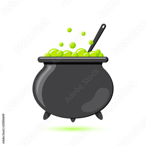 Colored flat icon, vector design with shadow. Cartoon witches cauldron with potion, bubbles and spoon for illustration of magic, witchcraft, boiling potions. Symbol of Halloween photo
