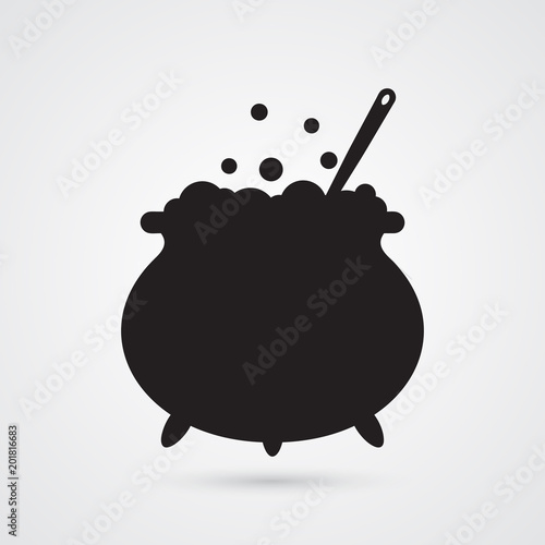 Silhouette flat icon, simple vector design. Cartoon witches cauldron with potion, bubbles and spoon for illustration of magic, witchcraft, boiling potions. Symbol of Halloween photo