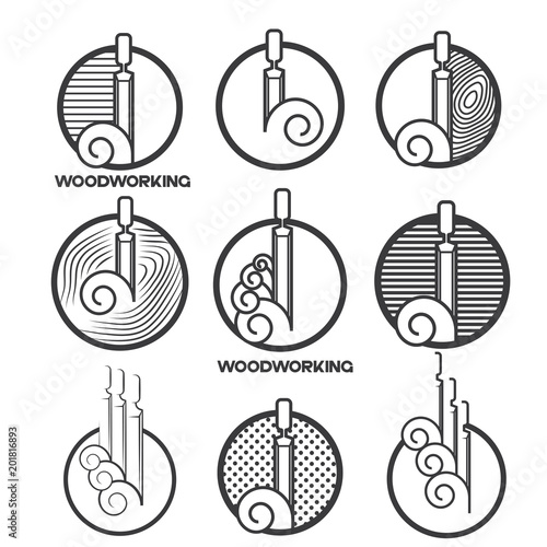 an illustration consisting of several images of a chisel plowing a tree and the inscription "woodworking"