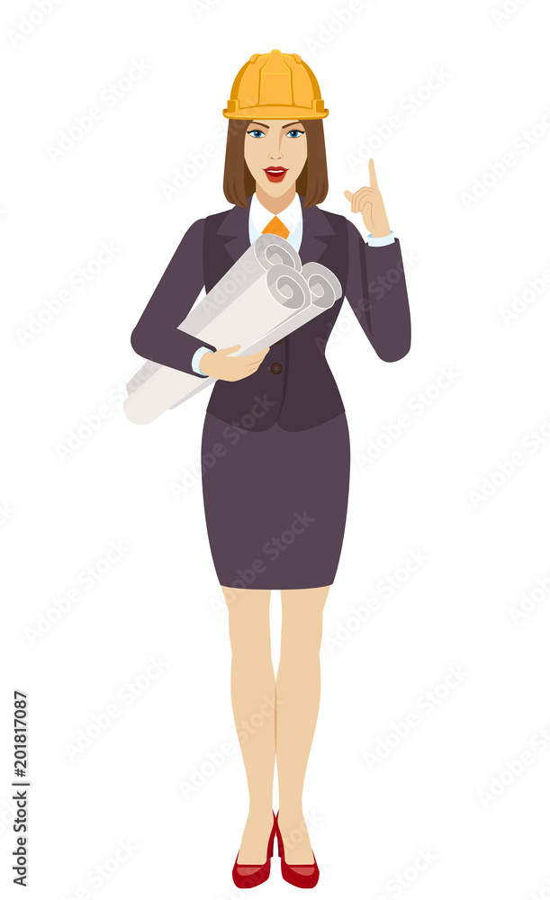 Businesswoman in construction helmet holding the project plans and pointing up Businesswoman in construction helmet holding the project plans and pointing up