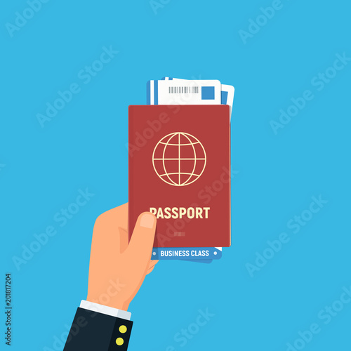 Close-up businessman hand holding passport and air boarding tickets. Travel and business trips concept. Vector illustration in flat style.