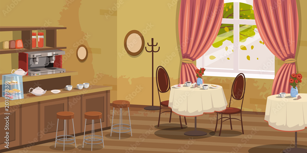 Obraz premium Coffee house, interior, rack, chairs, coffee machine, tables, vector, illustration, cartoon style, isolated