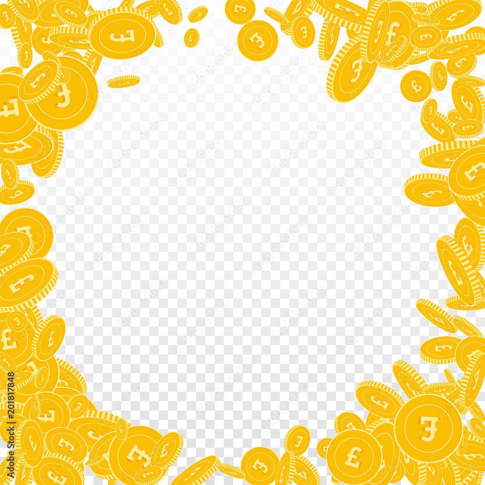 British pound coins falling. Scattered floating GBP coins on transparent background. Superb corner frame vector illustration. Jackpot or success concept. British pound coins falling. Scattered floating GBP coins on transparent background. Superb corner frame vector illustration. Jackpot or success concept.