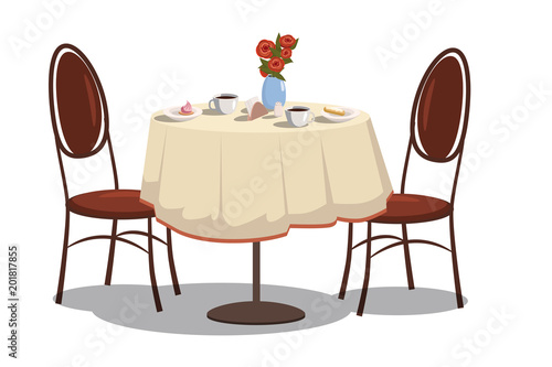 Modern restaurant table with tablecloth, coffe mugs, flowers, and two chairs. Bright colored cartoon vector illustration.