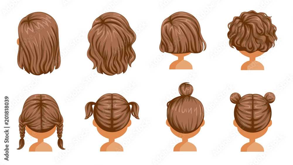 Little girl hair rear view set. hair of a little girl. beautiful hairstyle.  child modern fashion
