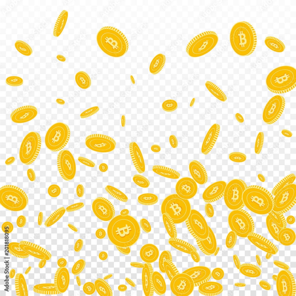 Bitcoin, internet currency coins falling. Scattered disorderly BTC coins on transparent background. Memorable bottom gradient vector illustration. Jackpot or success concept.