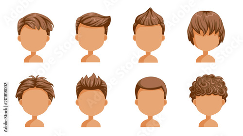 Boy hair rear view set. head of a little boy. cute  hairstyle.Variety child modern fashion for assortment. long , short , curly hair. salon hairstyles trendy haircut of male. vector icon  isolated. 