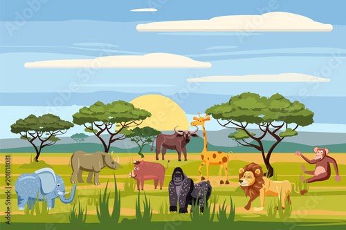 Set of cartoon african animals, background landscapes savanna. Safari animals , hippopotamus, rhinoceros, elephant, giraffe, lion, monkey, buffalo, cartoon style, vector, isolated