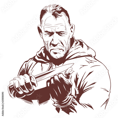 Confident cool man with knife. Stock illustration.