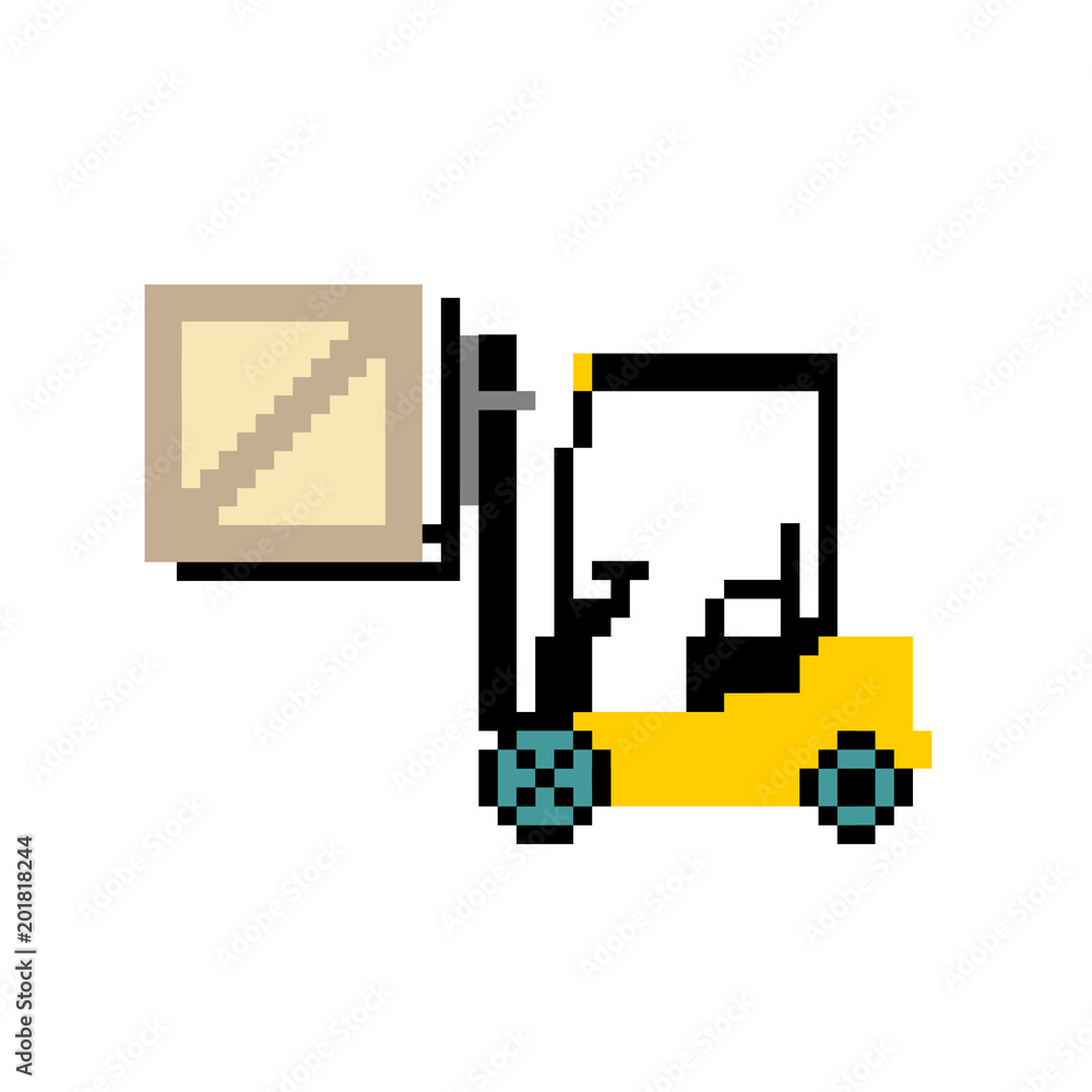 badge forklift, warehouse forklift with box, fork lift illustration. The picture in the style of pixel art. Vector badge forklift, warehouse forklift with box, fork lift illustration. The picture in the style of pixel art. Vector