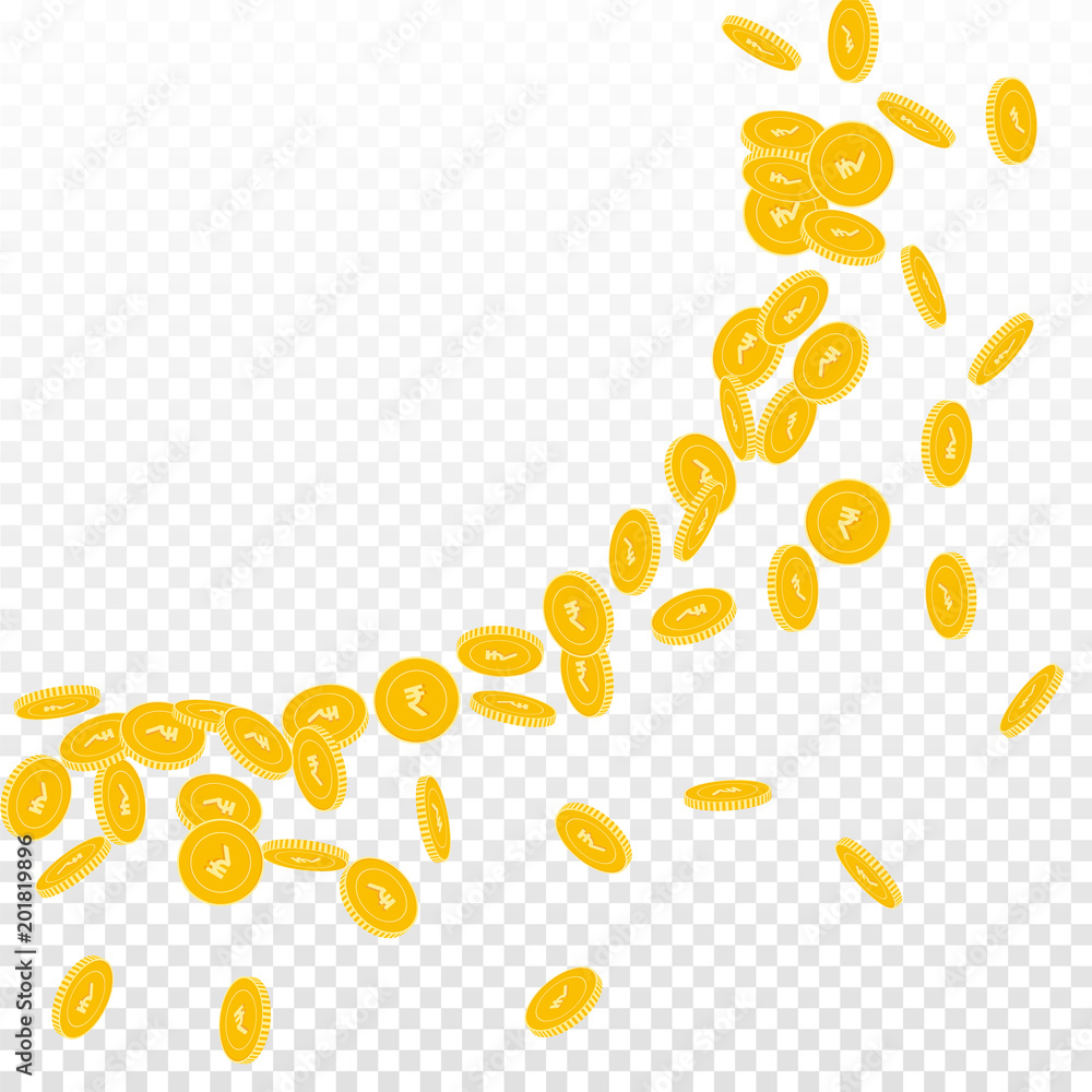 Indian rupee coins falling. Scattered small INR coins on transparent background. Exceptional big radiant left top corner vector illustration. Jackpot or success concept.