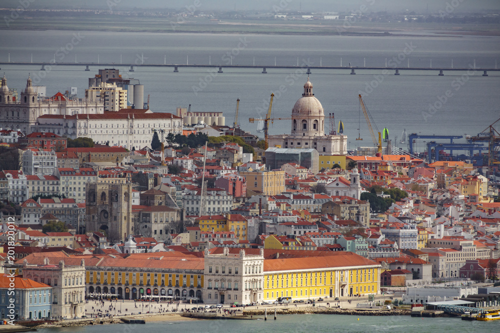 Long shot of Lisbon with cathedral, pantheon and Comercio plaza
