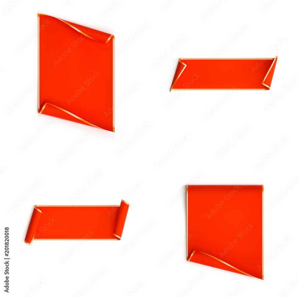 Set of red twisted piece of paper banner with golden contour. Vector illustration. Set of red twisted piece of paper banner with golden contour. Vector illustration.