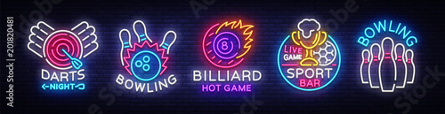 Big collection neon signs for Bowling, Darts, Billiards, Football Pub. Set Logos neon, light emblems signs and symbols, light banner, design elements, nightly vibrant advertising. Vector illustration