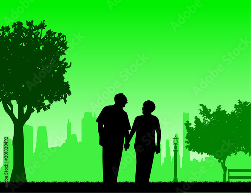 Lovely retired elderly couple walking in the park, one in the series of similar images silhouette