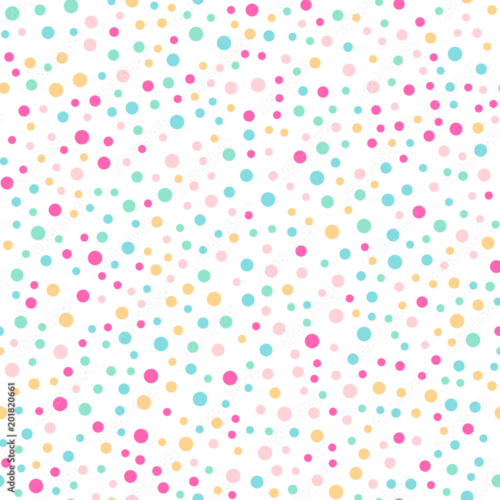 Colorful polka dots seamless pattern on white 3 background. Ideal classic colorful polka dots textile pattern. Seamless scattered confetti fall chaotic decor. Abstract vector illustration.