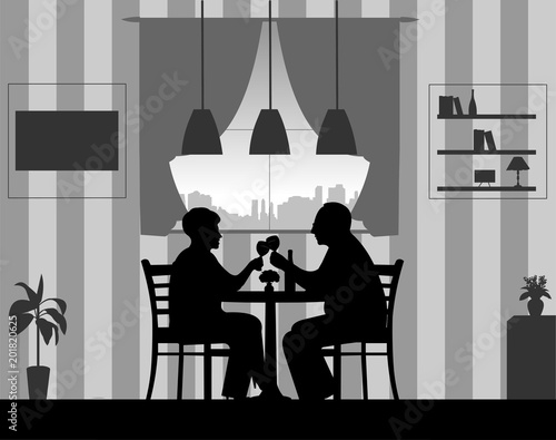 Lovely retired elderly couple drinking glass of wine in the room at home, one in the series of similar images silhouette