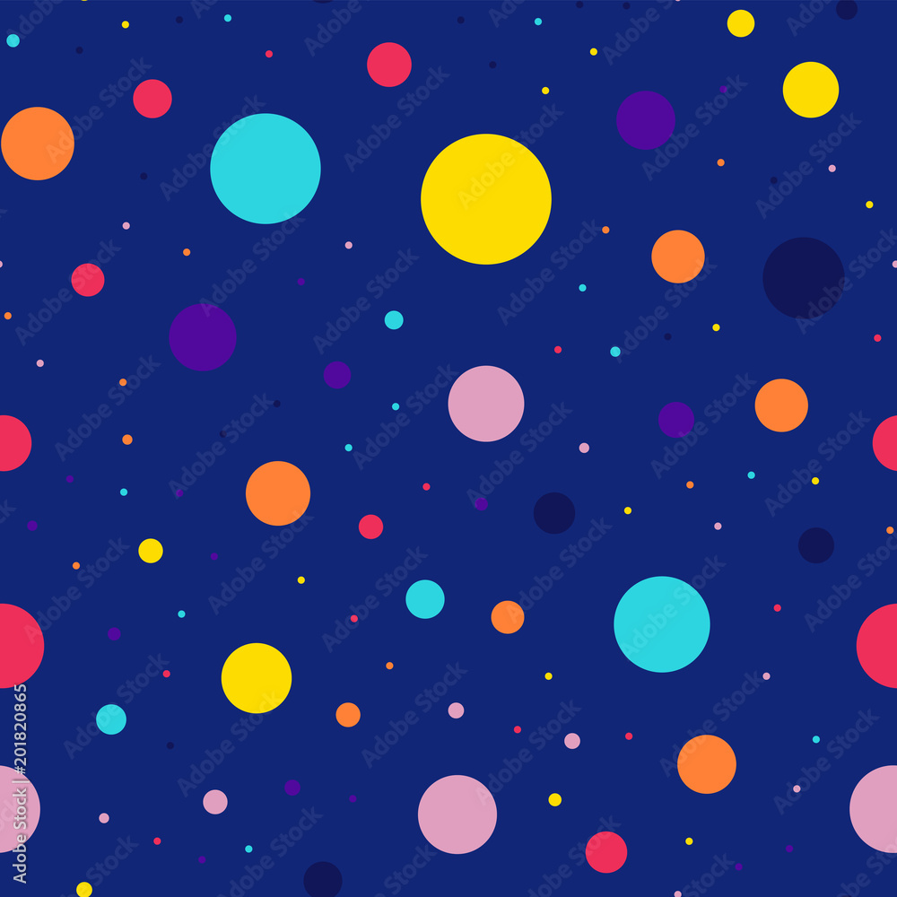Memphis style polka dots seamless pattern on dark blue background. Ravishing modern memphis polka dots creative pattern. Bright scattered confetti fall chaotic decor. Vector illustration.