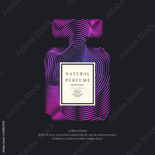 Perfume bottle with dynamic lines and waves. Bright modern poster for advertising and sale Fragrance.