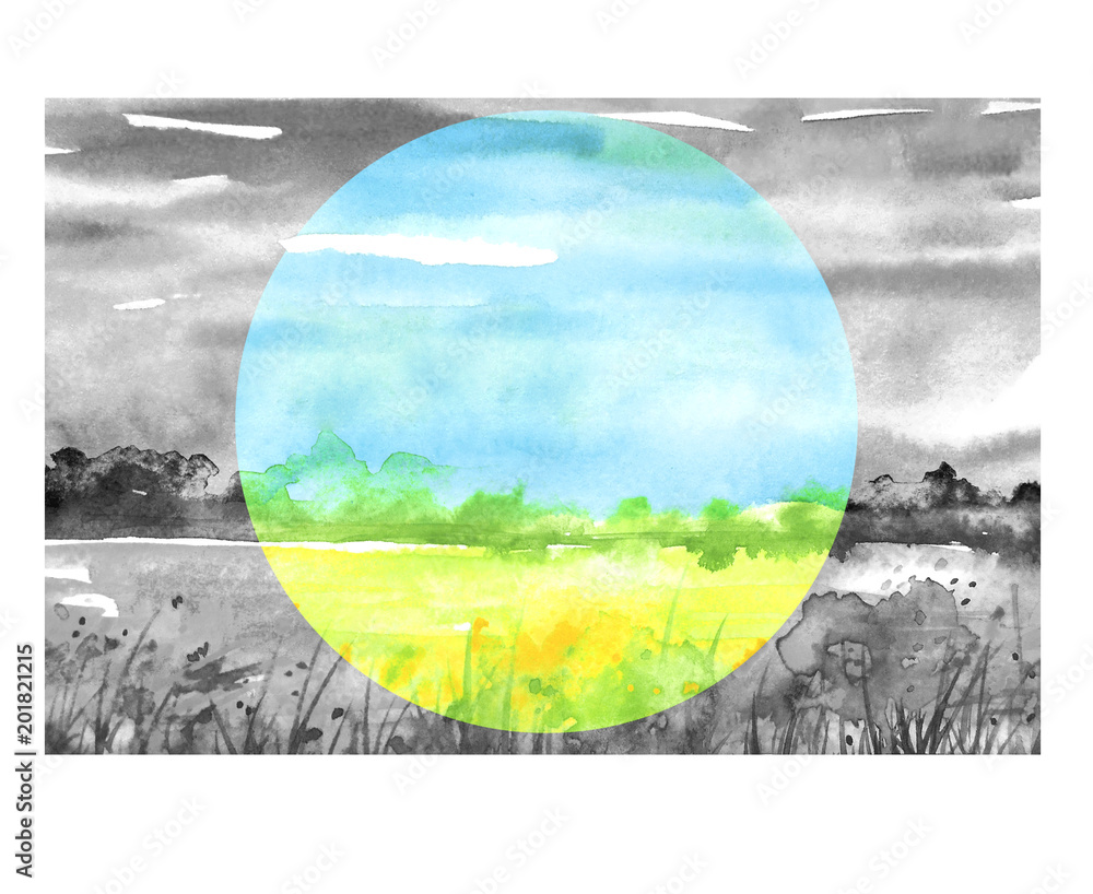 Watercolor painting, landscape of bright green grass, steppe, yellow flowers, plants, field, meadow against a bright blue sky. Watercolor ecological painting, logo. Environmental pollution. 